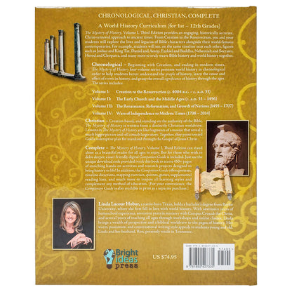 The Mystery of History volume 1 book back cover. It is mustard colored with lighter swirls. In the middle is white text. There are 4 images on the left and right of the text, including; columns, an ancient bust statue, a scroll, and a picture of the author.