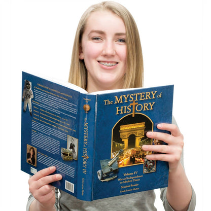 A blonde teenage girl holding up the Mystery of History 4 book and smiling. The cover is dark blue with lighter swirls. In the middle of the front cover is a framed photo of the Arc De Triomphe. Under the main photo are 3 images of a cannon gun, The Lamb of God stained glass window located in the Withiel Florey Church, and a bronze Lincoln bust. On the back cover is white text with 4 images, including; an astronaut, a treasure chest, a picture of Florence Nightingale, and a picture of the author.