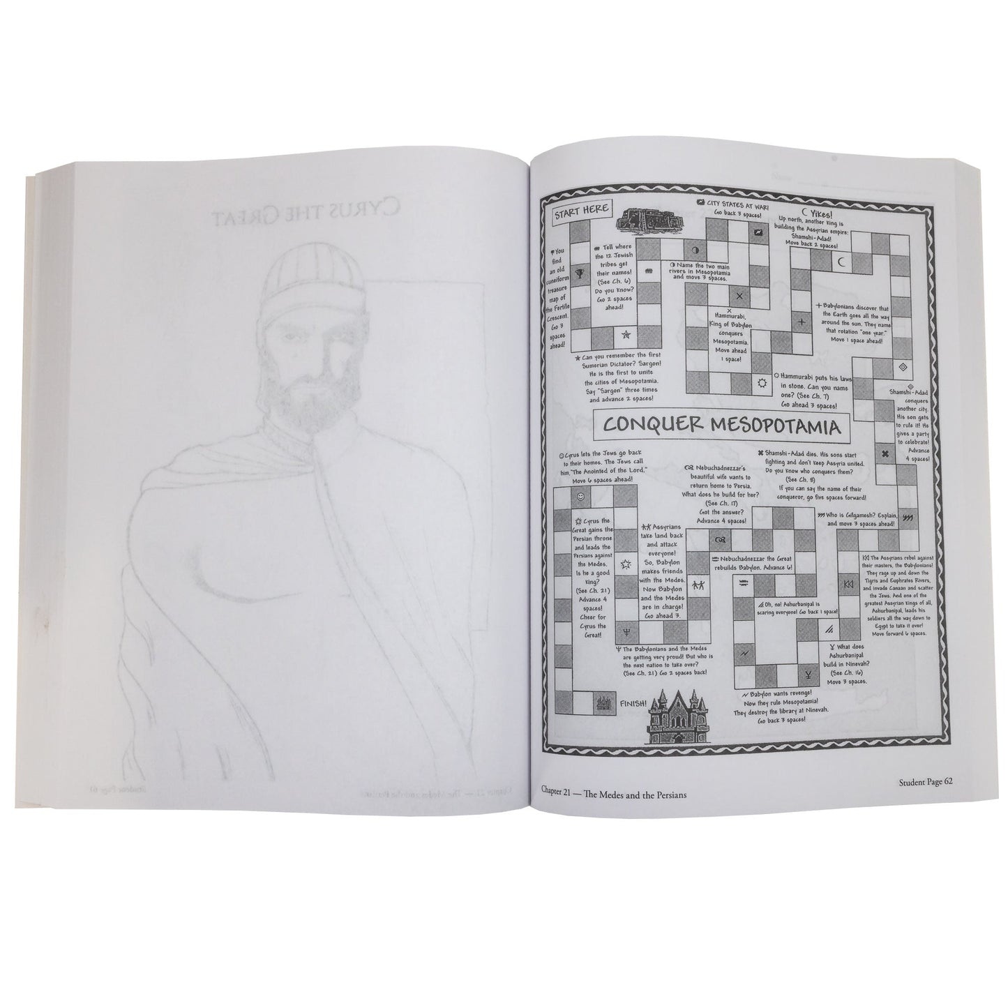 The Story of the World 1 Activity book open to show inside pages. The left page is blank, but you can see through to a black and white coloring page of Cyrus the Great on the other side. The right page shows a pathway game board. The path is white and gray alternating squares with instructions. The title in the middle reads “Conquer Mesopotamia.”