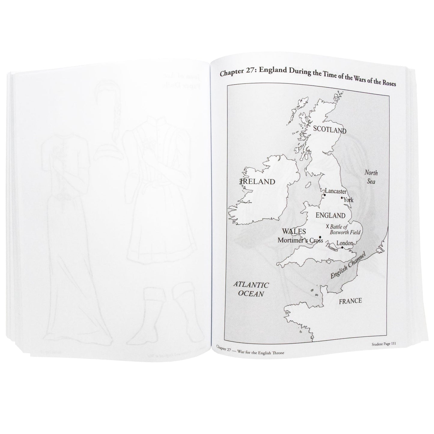 The Story of the World 2 Activity book open to show inside pages. The left page is blank, but you can see through to a black and white page of outfits for the Joan of Arc paper doll on the other side. The right page shows a black and white map of the UK and is titled “Chapter 27, England During the Time of the Wars of the Roses.”