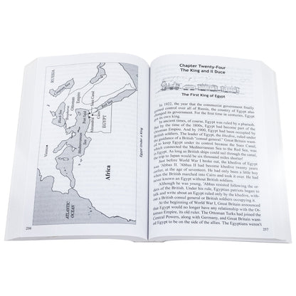 The Story of the World 4 open to show inside pages. The left page has a black and white map of northern Africa to southern Europe and the caption “Egypt Under a King” below the map. The right page is topped with the title “Chapter 24, The King and Il Duce” and black and white steam train illustration below. Under the train is sub-title reading “The First King of Egypt” with text covering the rest of the page.