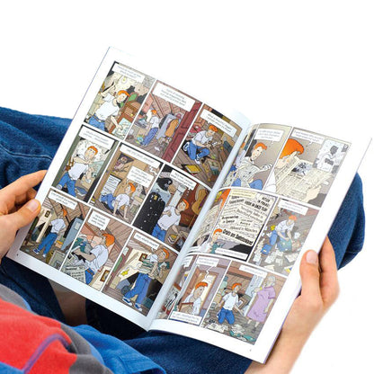 A boy holding open A Family Secret to show 2 inside pages. The pages show a red-haired teenage boy looking through an attic and discovering a suitcase full of World War 2 items. He has papers and pictures scattered all around and his grandmother walks in and sees him looking through the items. The layout shown in the open book is like a comic book with colored illustrations and talk bubbles.