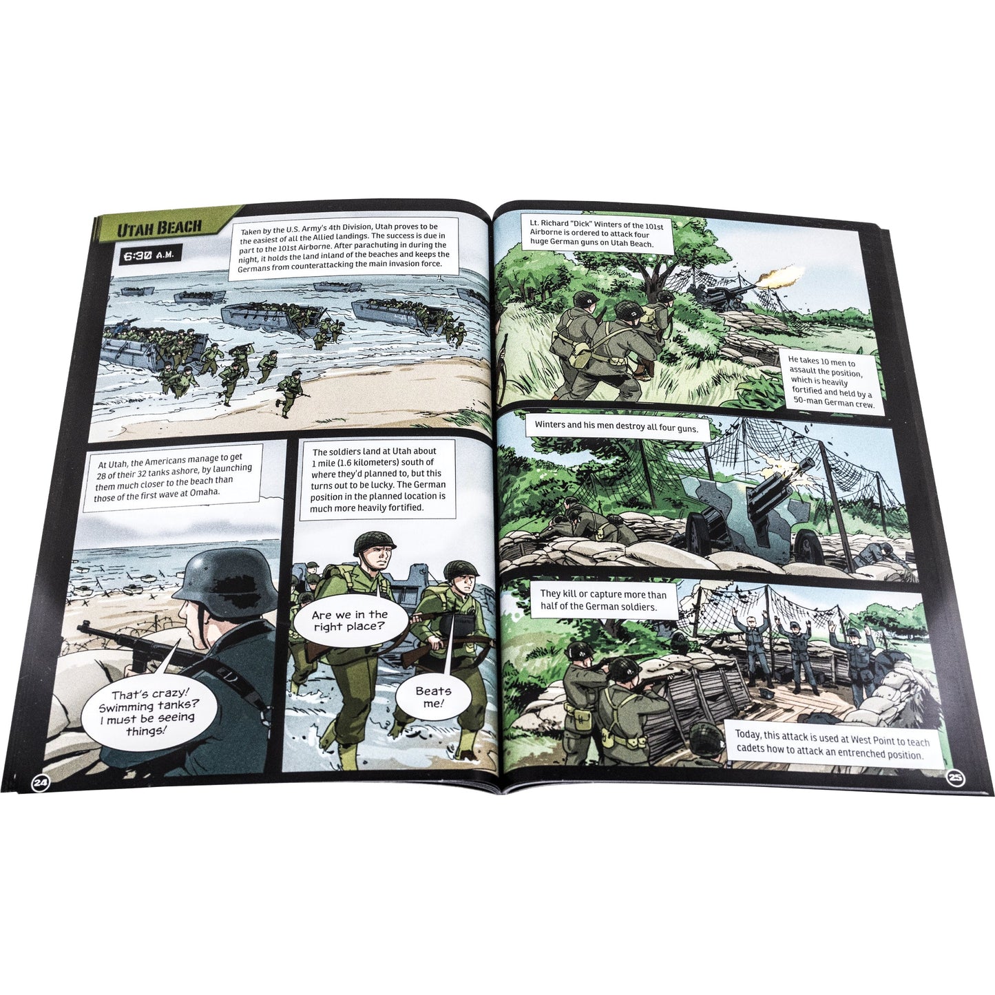 24 Hour History, The Complete Graphic Novel Collection book open to show inside pages. The pages show scenes from D Day. The left page shows boats of soldiers unloading on Utah Beach. The right page shows Lieutenant Richard Winters, with 10 soldiers, taking over and destroying 4 German guns with a crew of 50 total soldiers, of which they were able to kill or capture more than half of the German soldiers. The book is a comic book style layout with squared illustrations and talk bubbles.