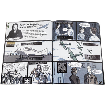 True Stories of War open to show inside pages. The pages are about pilot Jacqueline Cochran. The left page shows Cochran in after the Bendix Air Race, speaking to the press about her win. The right page shows her speaking to Eleanor Roosevelt, then the President about women helping in the war by piloting the aircraft, allowing more men to fight ground combat. The book is a comic book style layout with squared illustrations and talk bubbles.