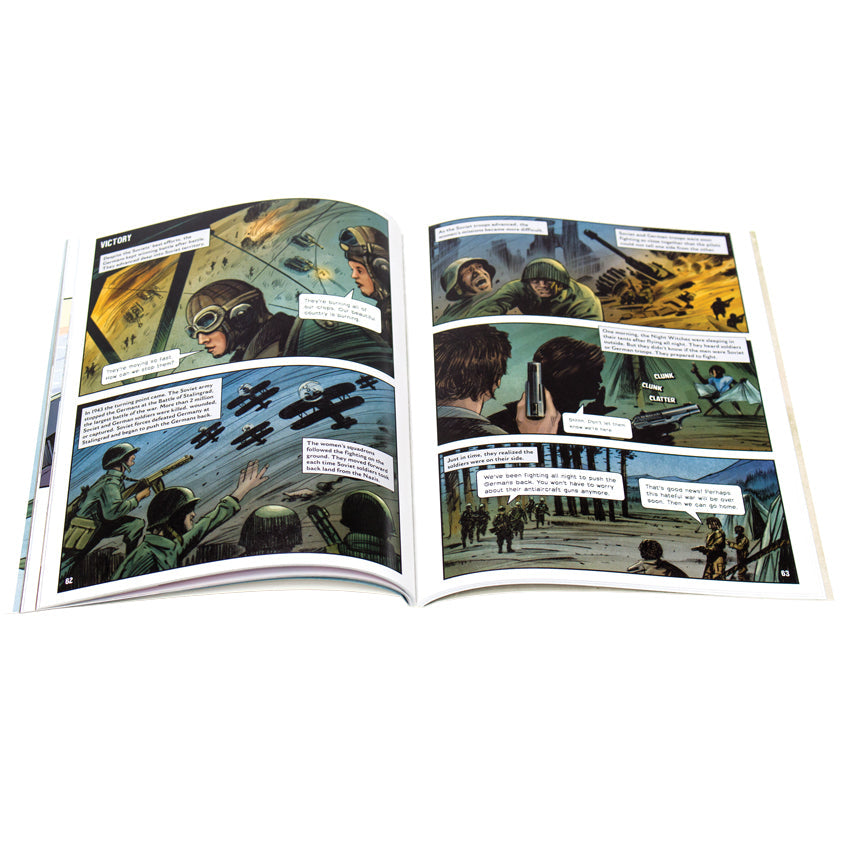 Amazing World War 2 Stories book open to show inside pages. The book is a comic book style layout with squared illustrations and talk bubbles. The pages shows the Soviet women squadrons of World War 2 flying at night. They assisted the soldiers on the ground to move forwards and push back the German soldiers.